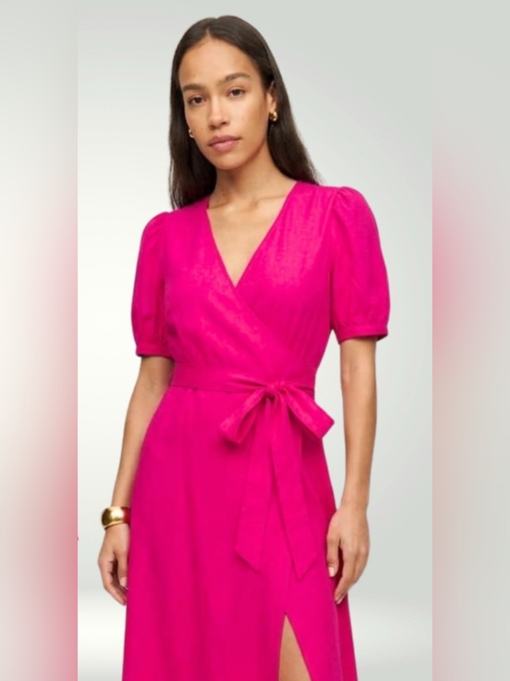 NWT Reformation Kaelie Wrap Midi Dress Puff Sleeves V-neck Pink Organic Cotton M - Picture 2 of 12